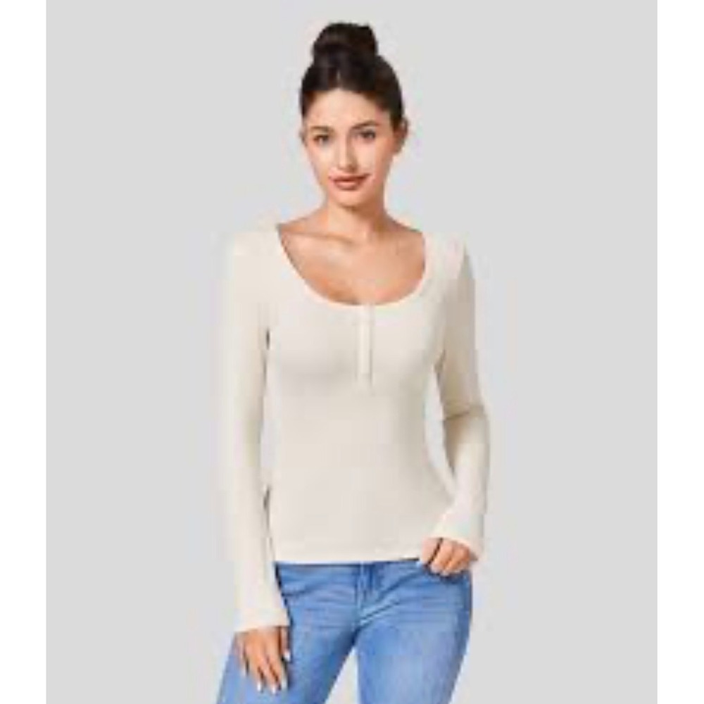 Halara Long Sleeve Ribbed Henley Top Cream Button Scoop Neck T-Shirt Large NWT